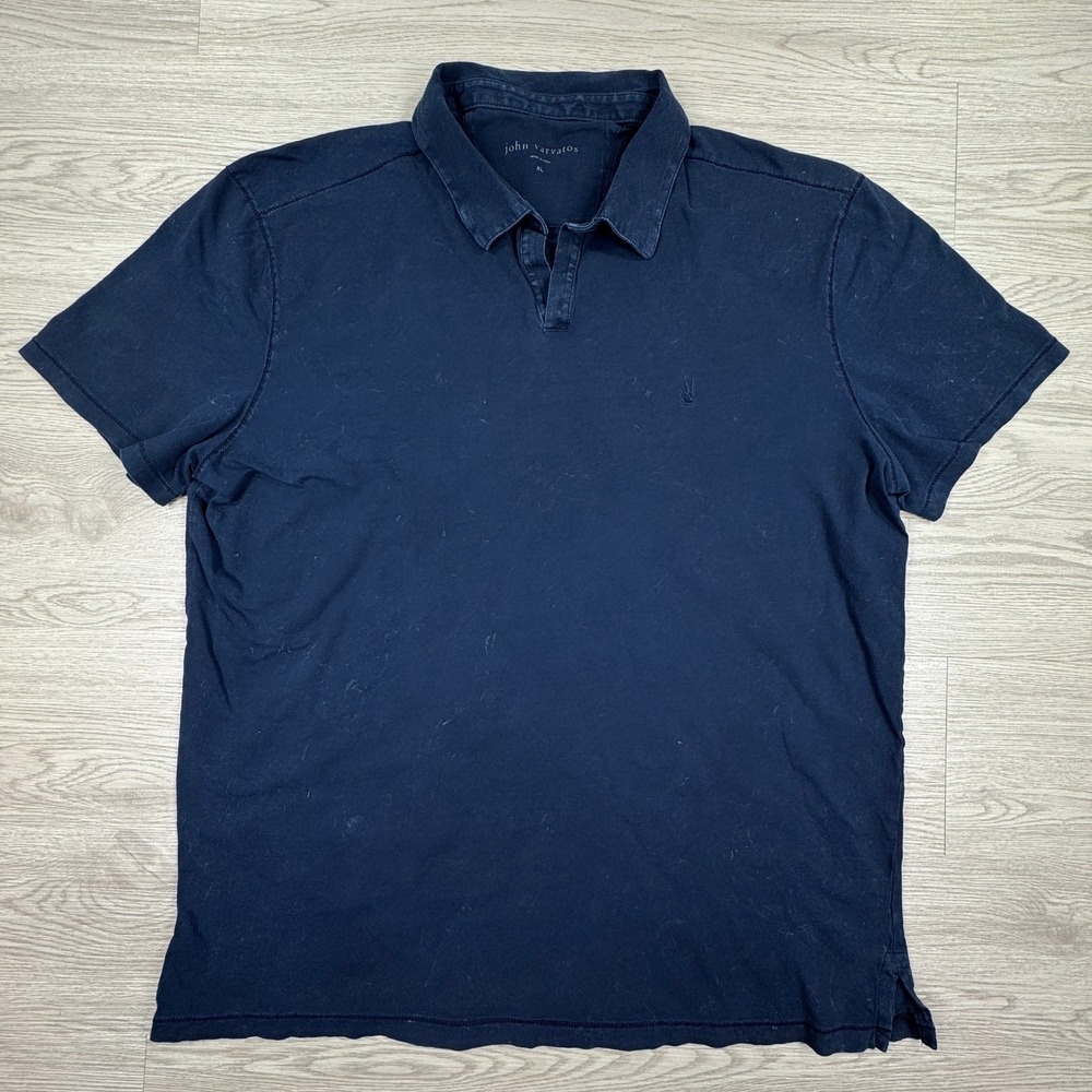 John Varvatos Mens Polo Shirt Peace Sign Logo Navy Blue XL Short Sleeve Cotton